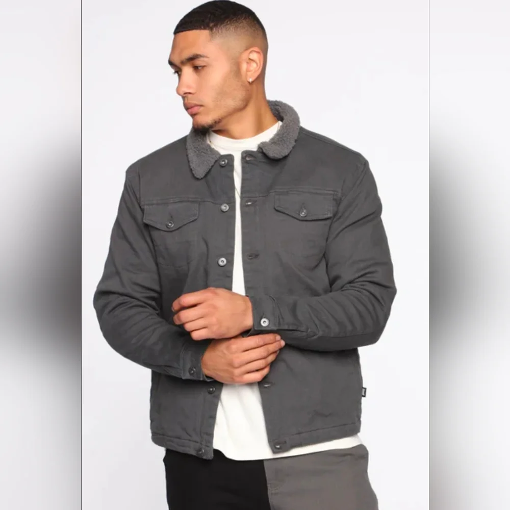 Men's Gray Sherpa-Lined Collar Jacket Canvas XL New